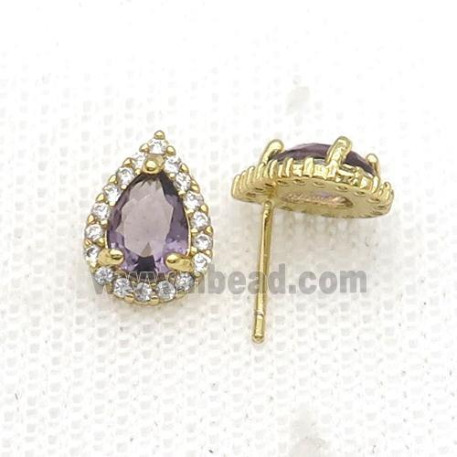 Copper Stud Earring Pave Zircon Purple Crystal Teardrop Gold Plated