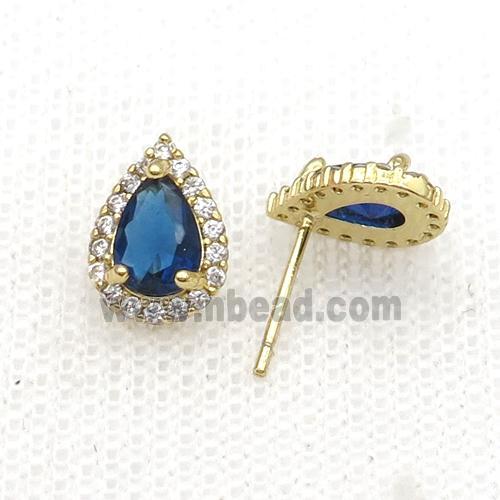 Copper Stud Earring Pave Zircon Blue Crystal Teardrop Gold Plated