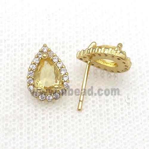 Copper Stud Earring Pave Zircon Yellow Crystal Teardrop Gold Plated