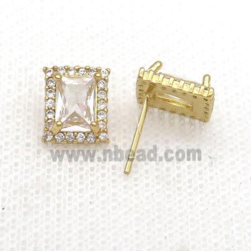 Copper Stud Earring Pave Zircon Clear Crystal Rectangle Gold Plated