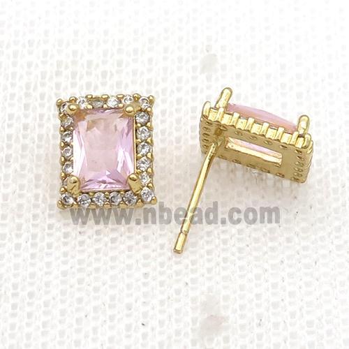 Copper Stud Earring Pave Zircon Pink Crystal Rectangle Gold Plated