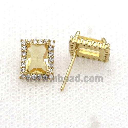 Copper Stud Earring Pave Zircon Yellow Crystal Rectangle Gold Plated