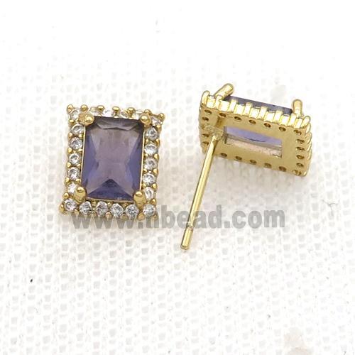 Copper Stud Earring Pave Zircon Purple Crystal Rectangle Gold Plated