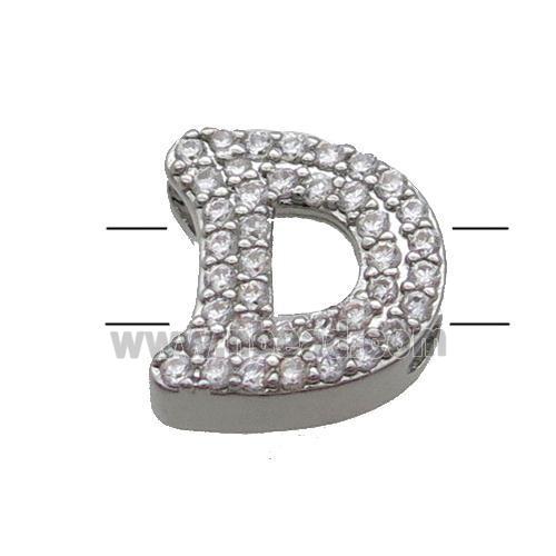 Copper Alphabet Beads Pave Zircon Letter-D 2holes Platinum Plated