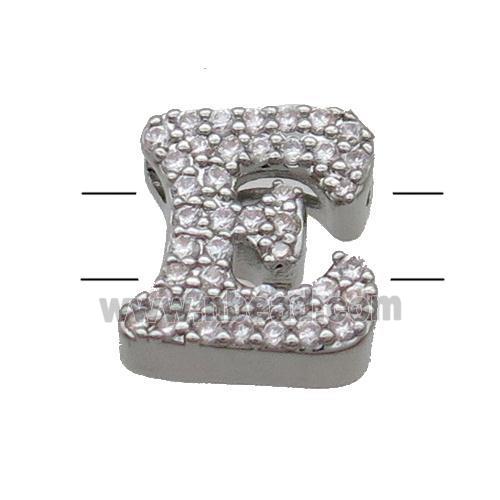 Copper Alphabet Beads Pave Zircon Letter-E 2holes Platinum Plated