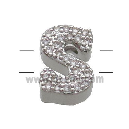 Copper Alphabet Beads Pave Zircon Letter-S 2holes Platinum Plated