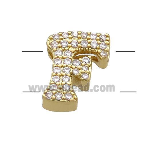 Copper Alphabet Beads Pave Zircon Letter-F 2holes Gold Plated