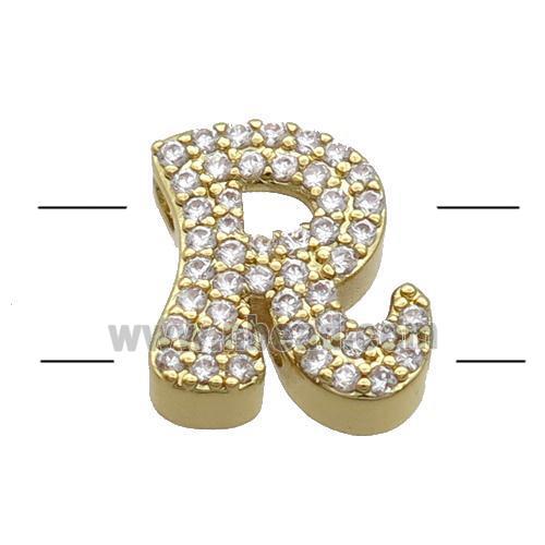 Copper Alphabet Beads Pave Zircon Letter-R 2holes Gold Plated