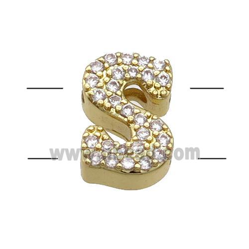 Copper Alphabet Beads Pave Zircon Letter-S 2holes Gold Plated