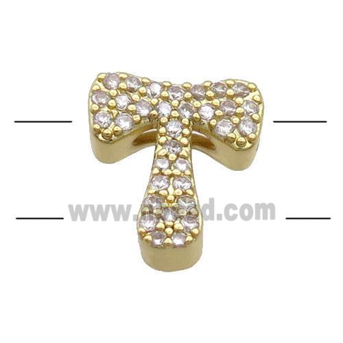 Copper Alphabet Beads Pave Zircon Letter-T 2holes Gold Plated