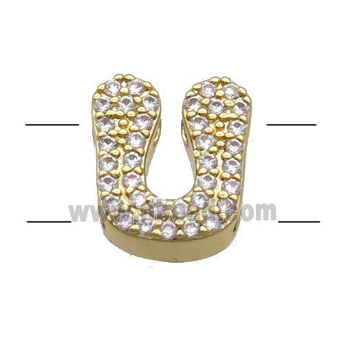 Copper Alphabet Beads Pave Zircon Letter-U 2holes Gold Plated