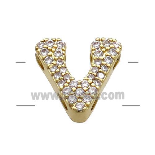 Copper Alphabet Beads Pave Zircon Letter-V 2holes Gold Plated