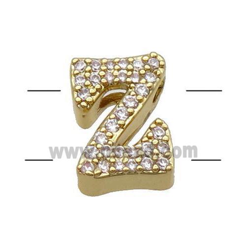 Copper Alphabet Beads Pave Zircon Letter-Z 2holes Gold Plated