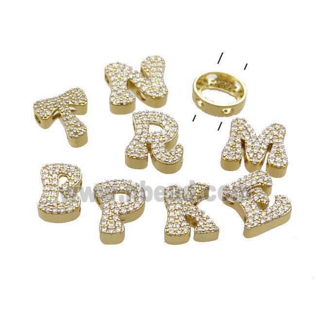 Copper Alphabet Beads Pave Zircon Mixed Letter-A 2holes Gold Plated