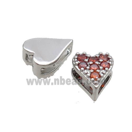 Copper Heart Beads Pave Red Zircon Platinum Plated