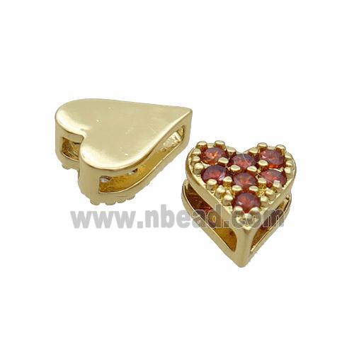 Copper Heart Beads Pave Red Zircon Gold Plated