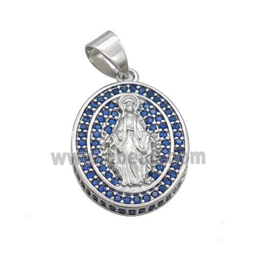 Copper Jesus Pendant Pave Blue Zircon Oval Platinum Plated