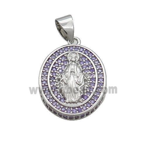 Copper Jesus Pendant Pave Purple Zircon Oval Platinum Plated