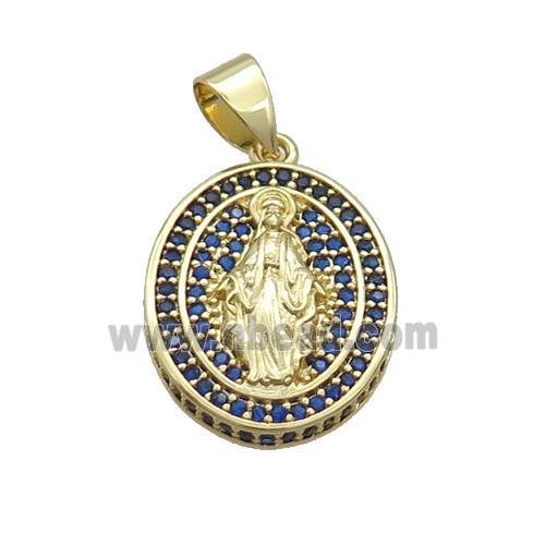 Copper Jesus Pendant Pave Blue Zircon Oval Gold Plated
