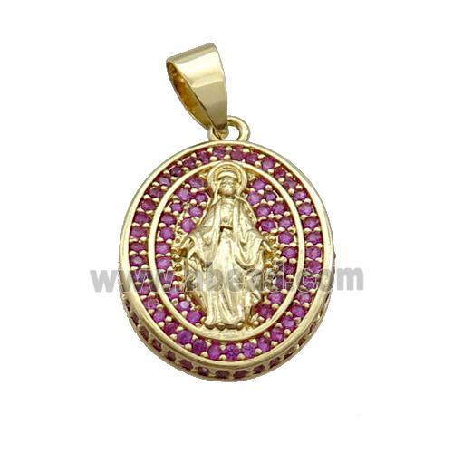 Copper Jesus Pendant Pave Hotpink Zircon Oval Gold Plated
