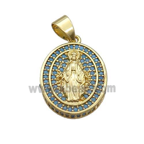 Copper Jesus Pendant Pave Turq Zircon Oval Gold Plated