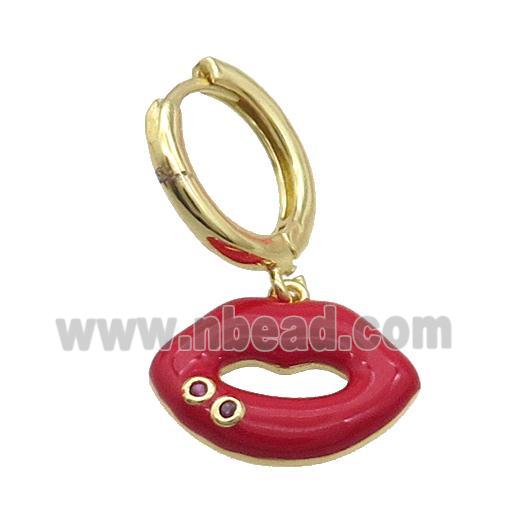 Copper Hoop Earring With Red Enamel Lip Gold Plated