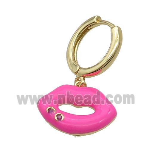 Copper Hoop Earring With Hotpink Enamel Lip Gold Plated