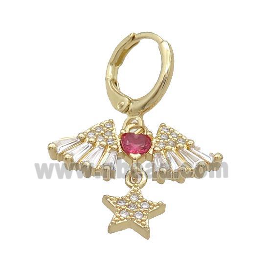 Copper Hoop Earring Pave Zircon Angel Wing Star Gold Plated