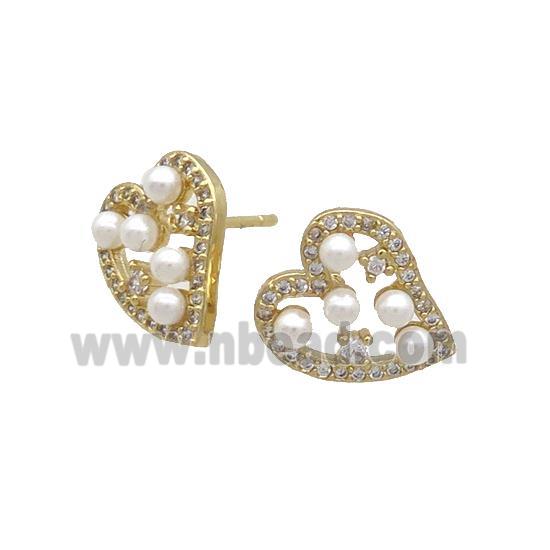 Copper Stud Earring Pave Zircon Heart Gold Plated
