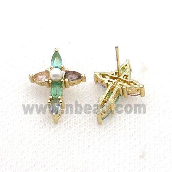 Copper Cross Stud Earring Pave Zircon Gold Plated