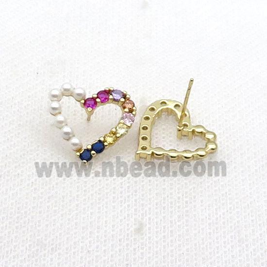 Copper Heart Stud Earring Pave Multicolor Zircon Gold Plated