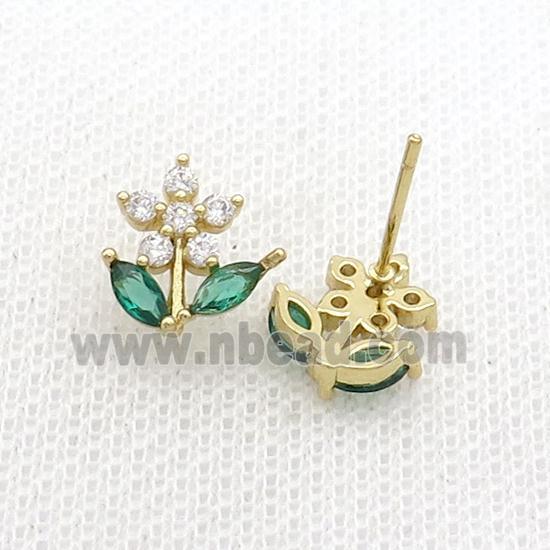 Copper Stud Earring Pave Zircon Flower Gold Plated
