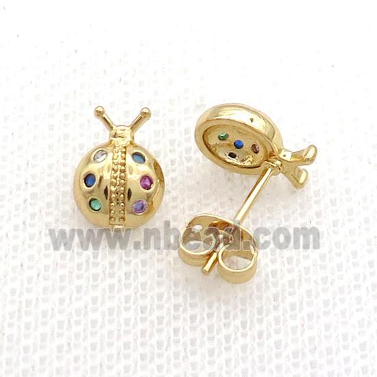 Copper Stud Earring Pave Zircon Ladybug Gold Plated