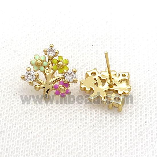 Copper Stud Earring Pave Zircon Tree Gold Plated