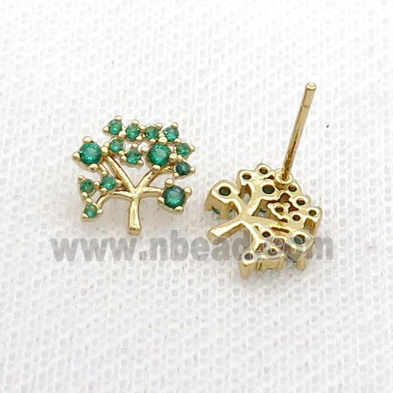 Copper Stud Earring Pave Green Zircon Tree Gold Plated