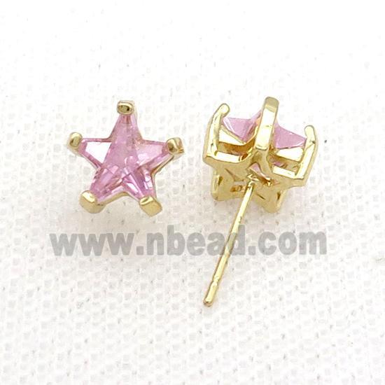 Copper Stud Earring Pave Pink Crystal Star Gold Plated