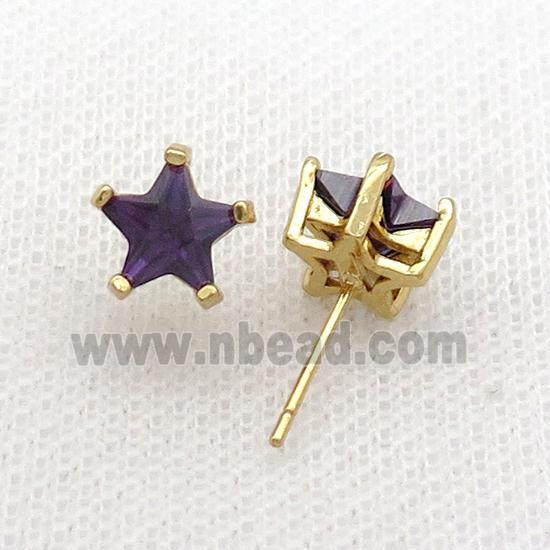 Copper Stud Earring Pave Purple Crystal Star Gold Plated