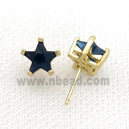 Copper Stud Earring Pave Darkblue Crystal Star Gold Plated