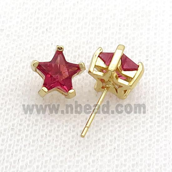 Copper Stud Earring Pave Red Crystal Star Gold Plated