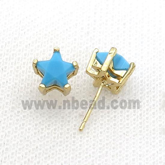 Copper Stud Earring Pave Turq Crystal Star Gold Plated