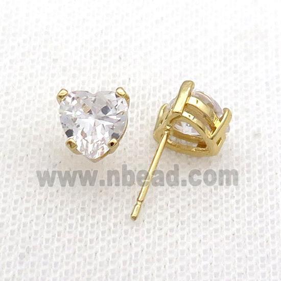 Copper Stud Earring Pave Clear Crystal Heart Gold Plated