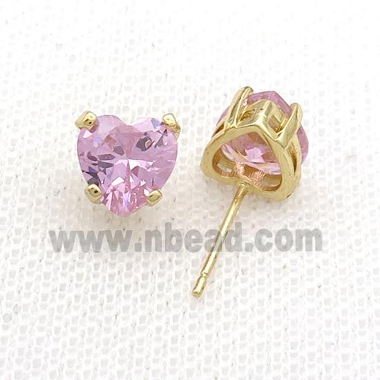 Copper Stud Earring Pave Pink Crystal Heart Gold Plated