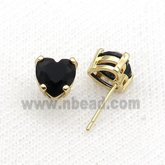 Copper Stud Earring Pave Black Crystal Heart Gold Plated