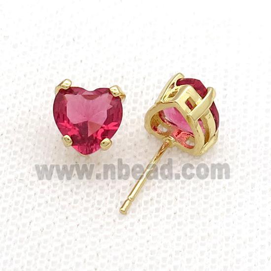 Copper Stud Earring Pave Red Crystal Heart Gold Plated