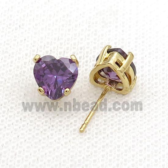 Copper Stud Earring Pave Purple Crystal Heart Gold Plated