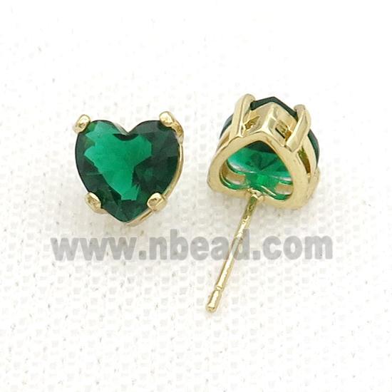 Copper Stud Earring Pave Green Crystal Heart Gold Plated