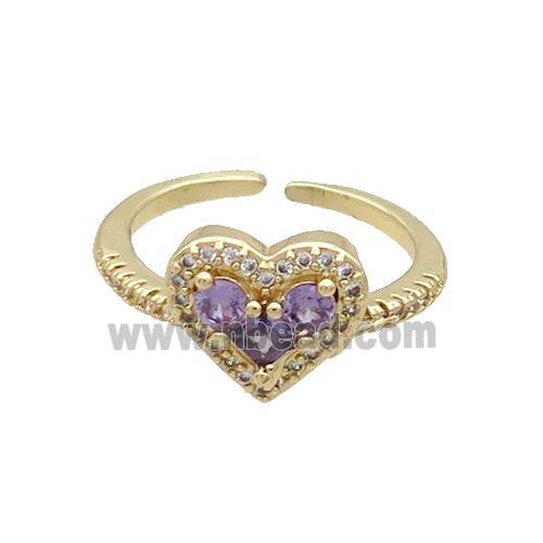 Copper Ring Pave Purple Zircon Heart Gold Plated