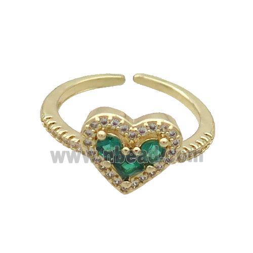 Copper Ring Pave Green Zircon Heart Gold Plated