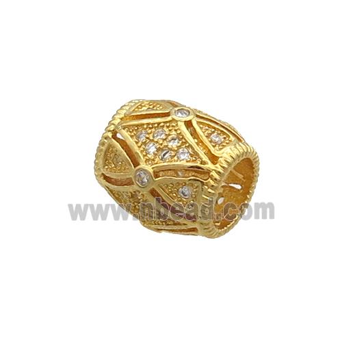 Copper Barrel Beads Pave Zircon Large Hole Gold Plated