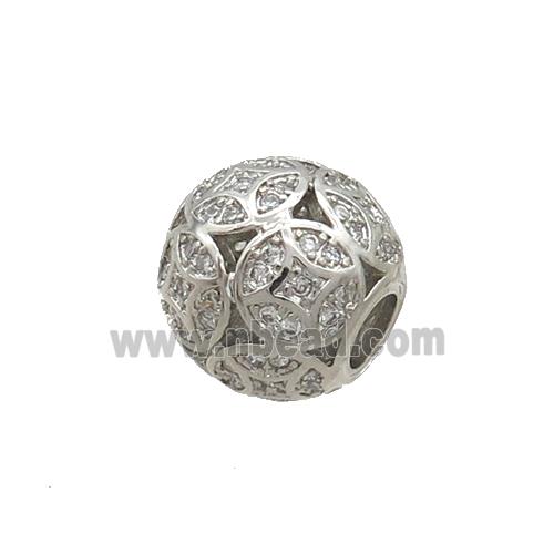 Copper Round Beads Pave Zircon Large Hole Platinum Plated